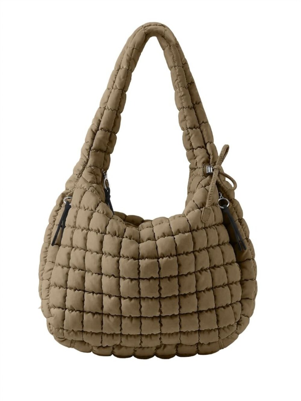 Women Brown Quilted Tote Puffer Lightweight Zipper Nylon Crossbody Handbag